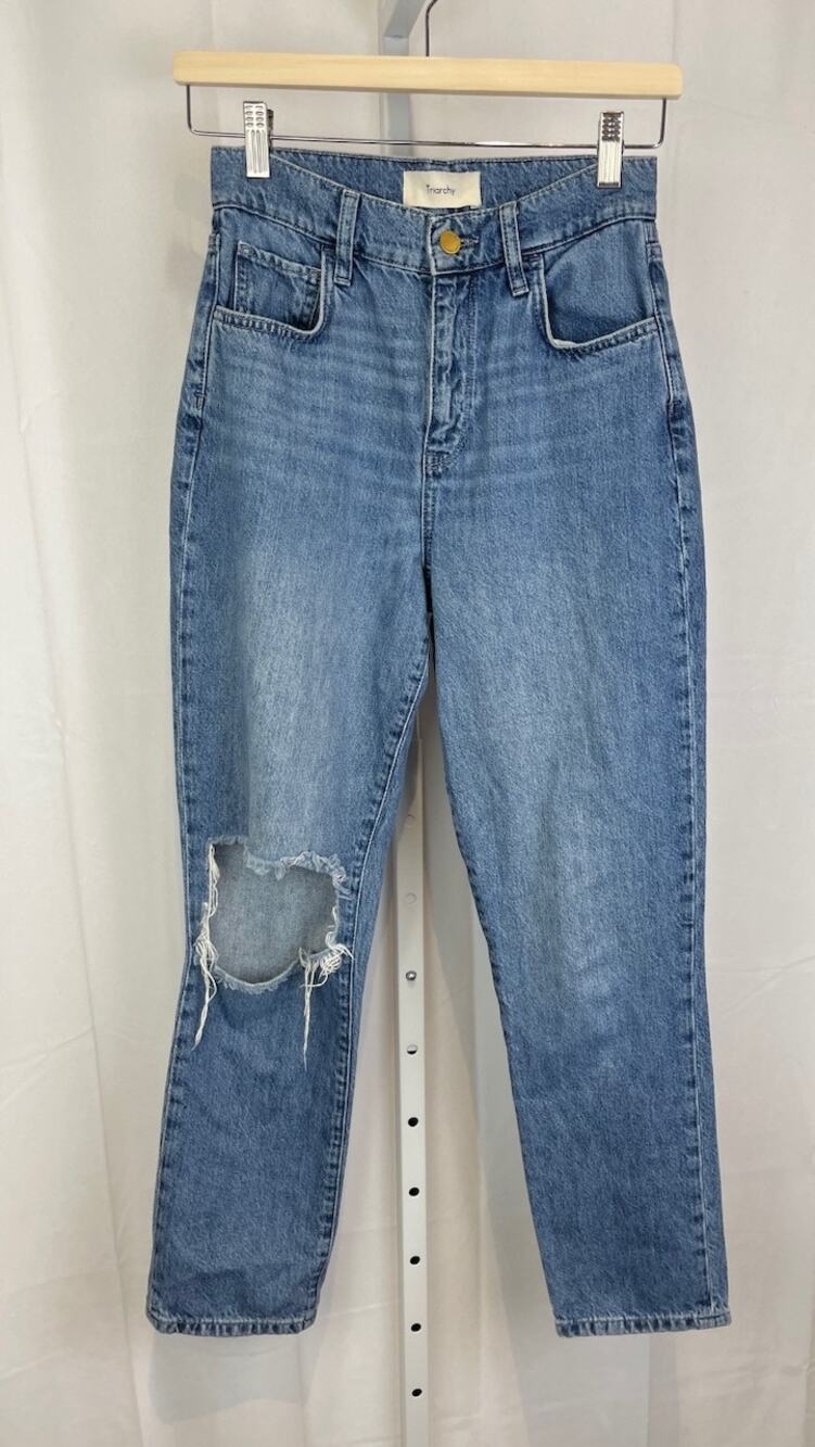 TRIARCHY Size 25 Distressed Knee Ankle Jeans Zip Fly Five Pocket High Rise Blue